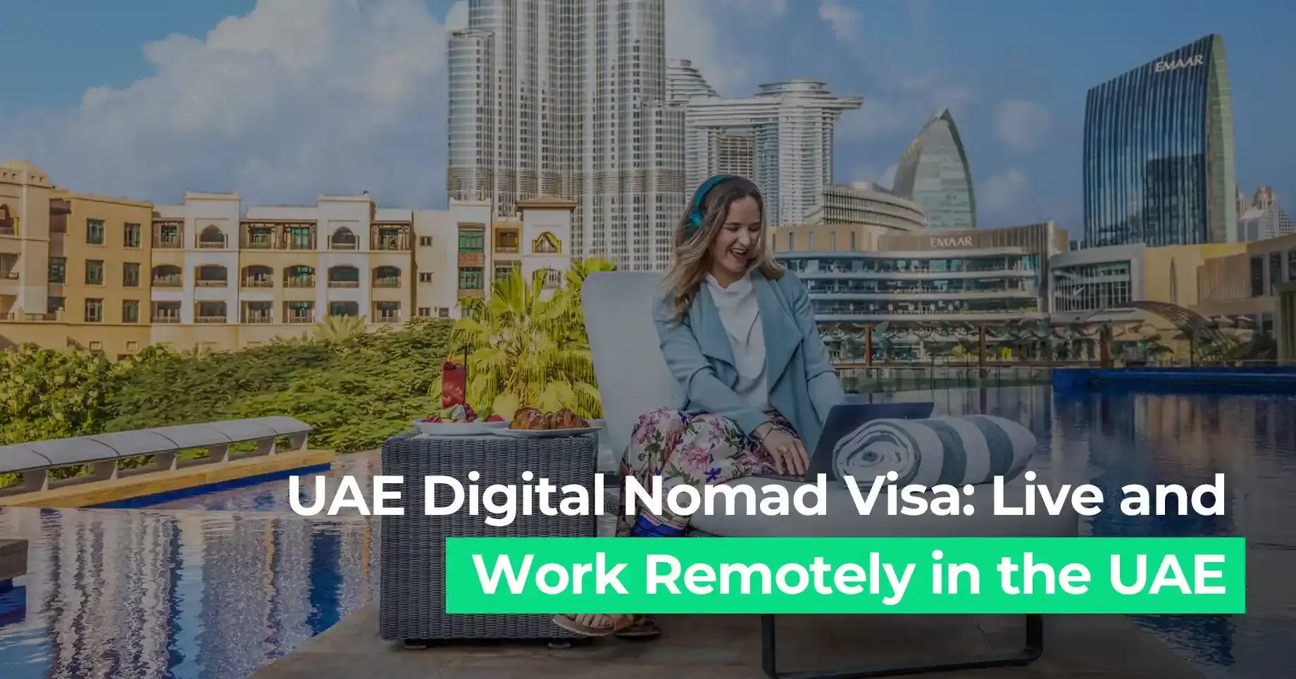Woman working remotely on a laptop near Dubai poolside promoting UAE digital nomad visa for remote workers and freelancers
